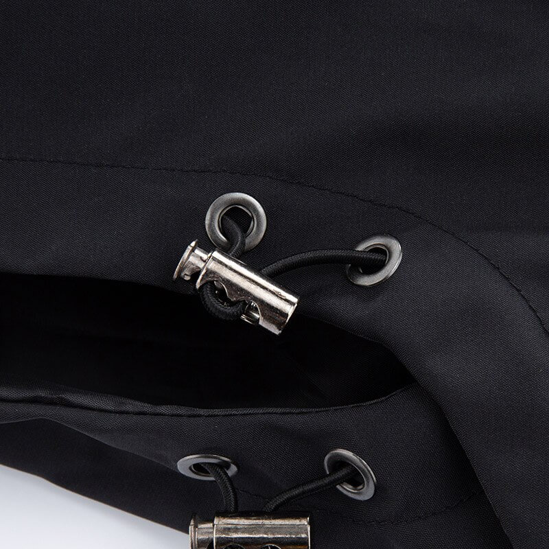 Close-up of metal eyelets and drawstring on black men's hooded reflective sports jacket SF0864, showcasing durable design.